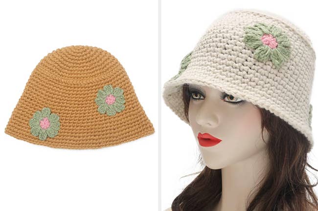 Yellow and green daisy crocheted bucket hat next to mannequin wearing product in white and green