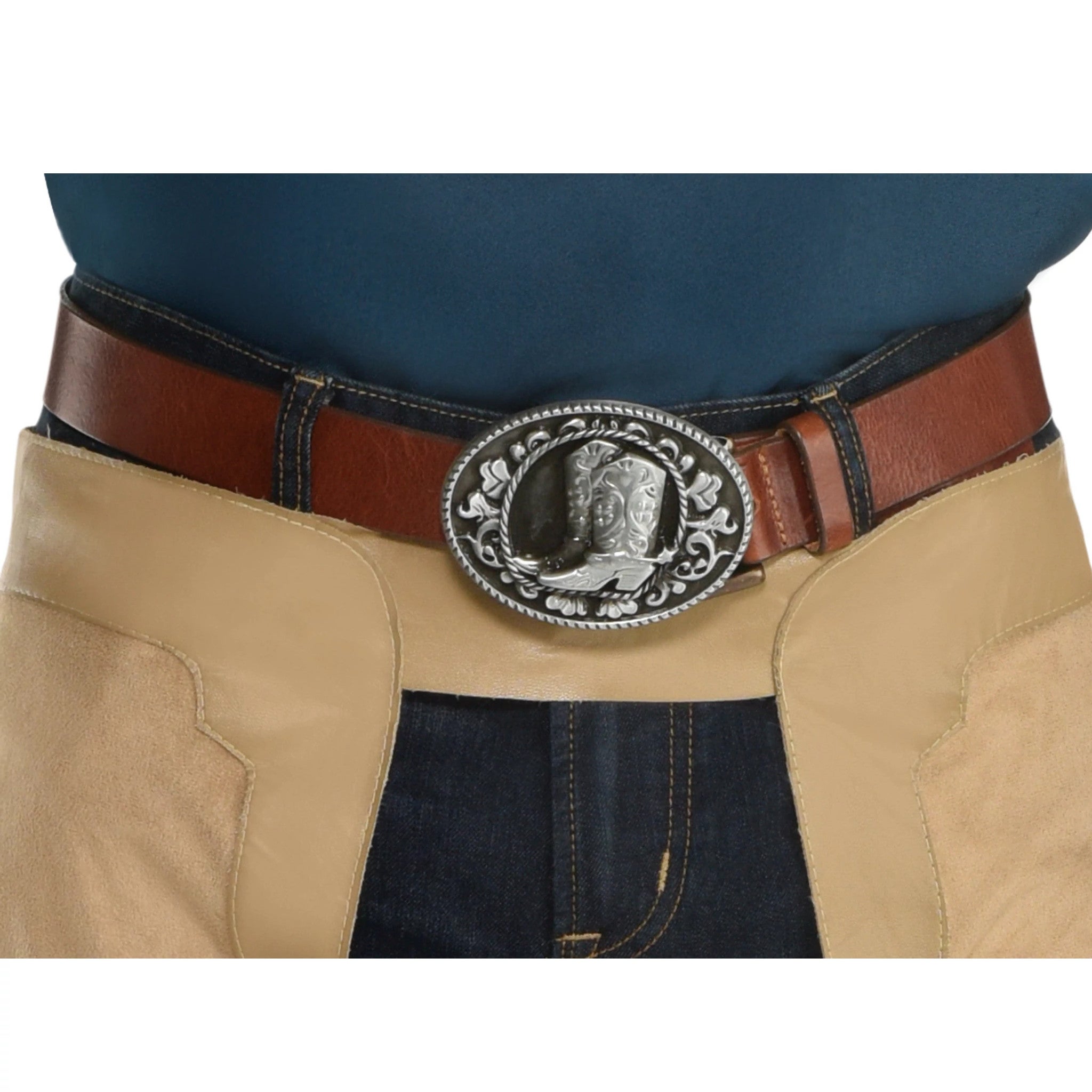 A metal belt buckle with a pair of cowboy boots on it