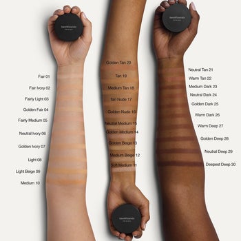 swatch of all foundation shades on light skin, tan skin, and dark skin 