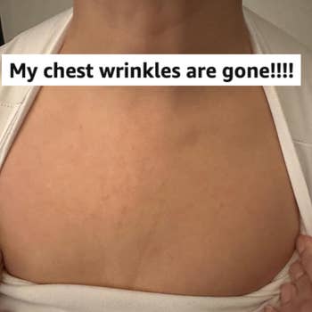 Person showing a creaseless  chest, holding garment  open. Text reads 