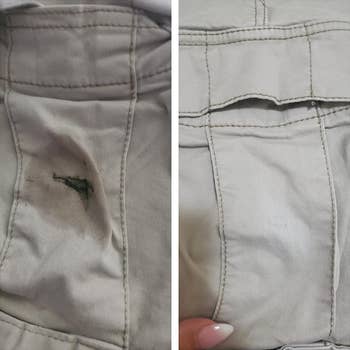 A reviewer with stained pants before using the spray and them and with the stain completely gone after using it