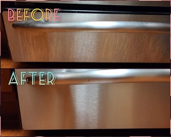 reviewer before and after photos showing a stainless steel appliance looking streaky, and then the same appliance looking nice and clean after using the polish