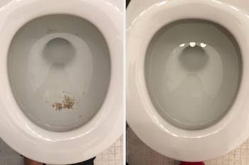 left: Dirty toilet bowl with stain / right: Clean toilet bowl after use of cleaning product