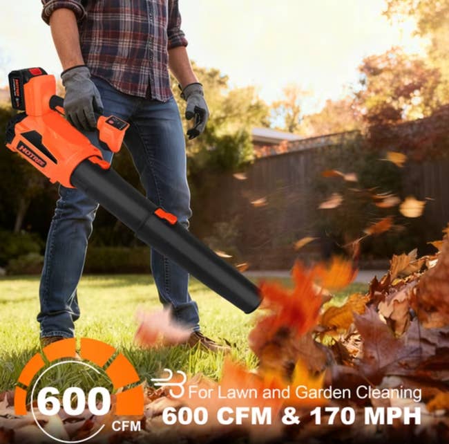 Person utilizing a leafage blower to wide fallen leaves successful a garden. The blower has a statement highlighting 600 CFM and 170 MPH