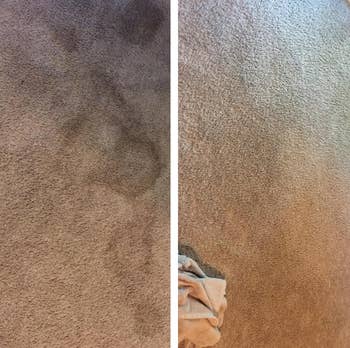 Reviewer before and after photo of a carpet that had a large black stain on it