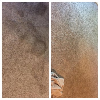 Reviewer before and after photo of a carpet that had a large black stain on it
