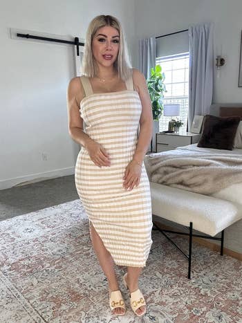 Person successful  a fitted, checkered-pattern formal  and open-toed slides 