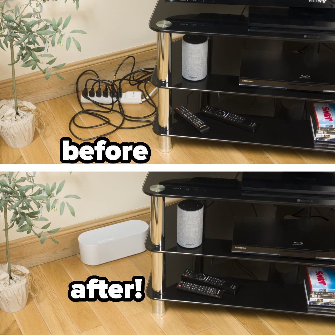 top: before photo of messy cables by a TV / bottom: all cords and surge protector hidden in box