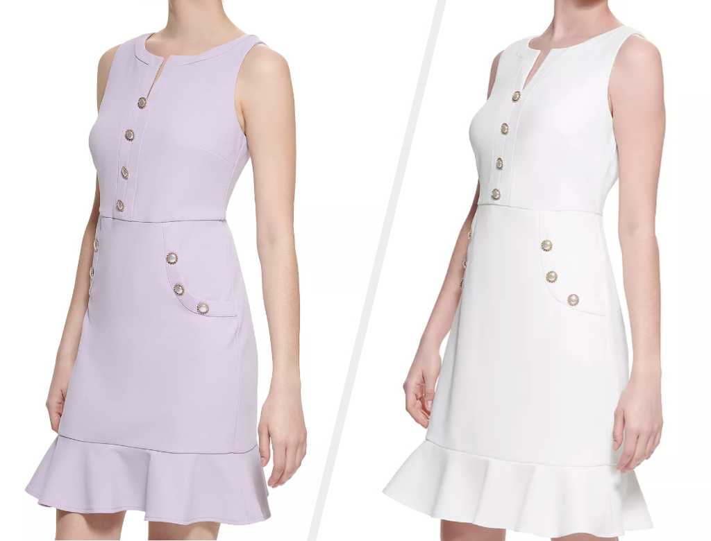 Two images of a model wearing lilac and white dresses
