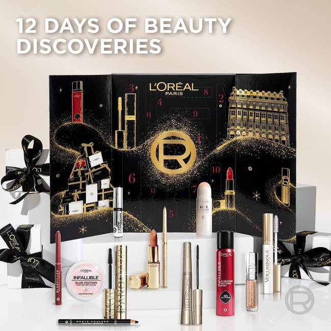 L'Oréal Paris 12-day quality advent calendar with assorted constitution products displayed, including lipstick, mascara, and eyeliner