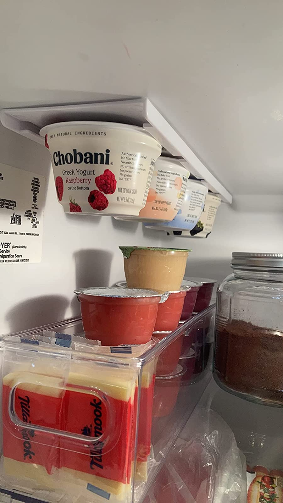 a reviewer's fridge with the organizer storing Chobanis 