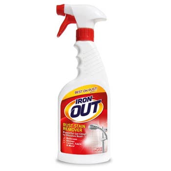 Iron Out Rust Stain Remover spray bottle, marketed for usage  connected  kitchenware, carpet, fabric, and much  to dissolve rust