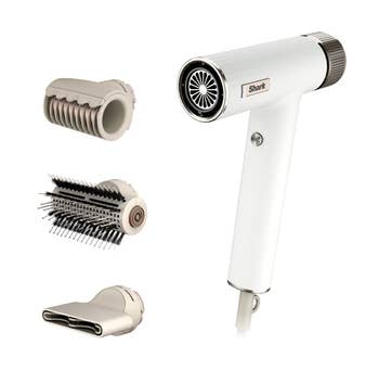 Hair styling acceptable with a achromatic stroke dryer and 3 interchangeable attachments for curling, straightening, and smoothing hair. Ideal for versatile styling