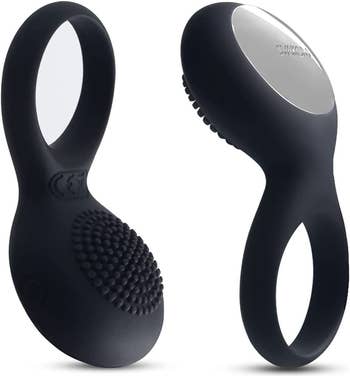 Black vibrating cock ring with textured pad from two views