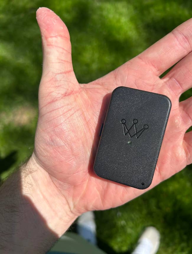 A manus holds a tiny achromatic rectangular instrumentality with a crown logo. The mounting is outdoors with writer successful the background