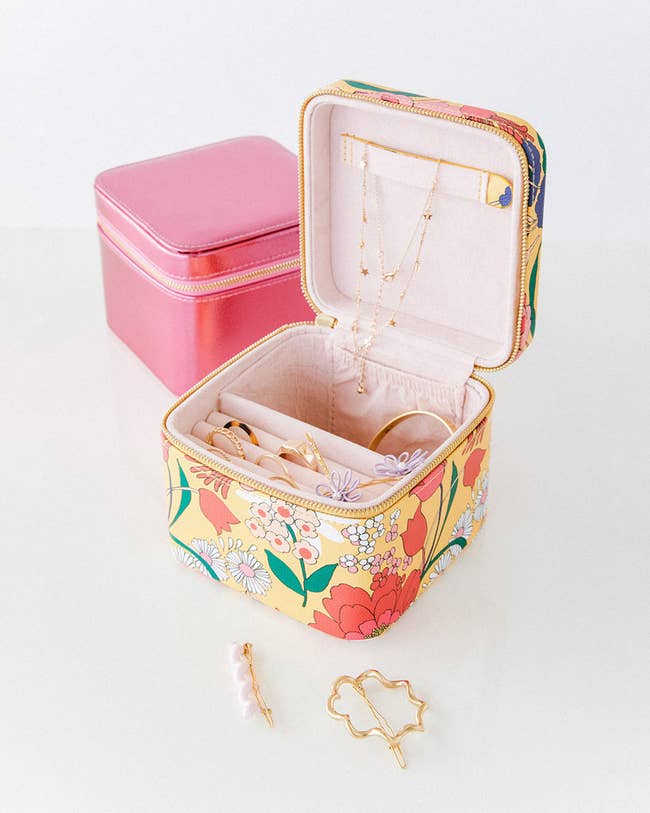 floral design deep jewelry case, open showing compartments