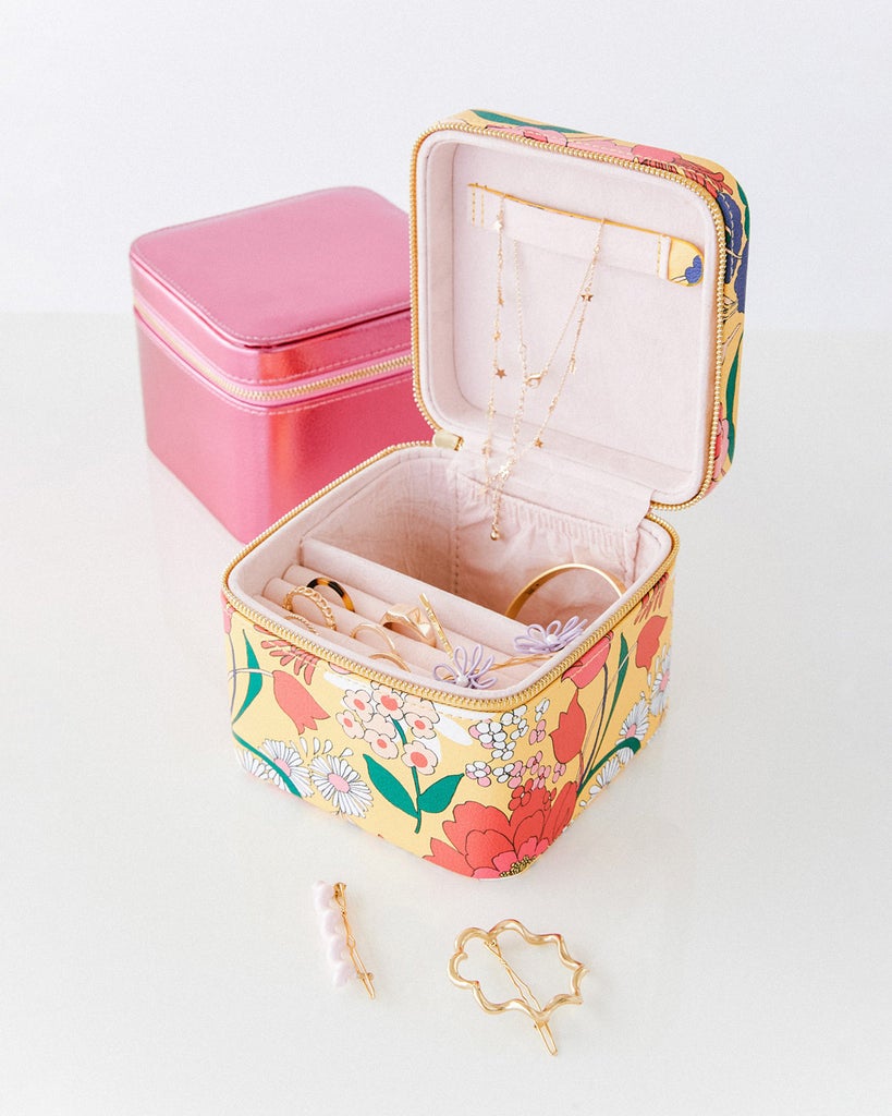 floral design deep jewelry case, open showing compartments