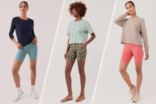 Three images of models wearing blue, camo, and pink shorts
