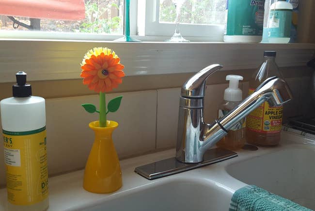 a reviewer's daisy-shaped dish brush sitting next to a kitchen sink