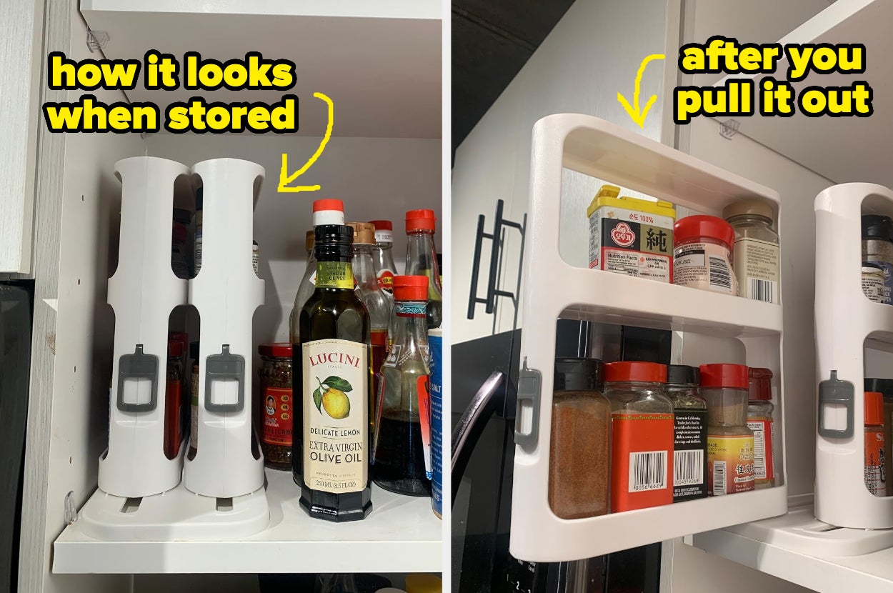 Two slim profile spice holders in a cabinet, and a second pic with a reviewer pulling one of them out and rotating it open for easy access