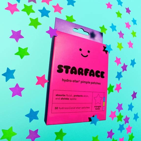 Starface Hydro-Star pimple patches bundle  surrounded by colorful prima  stickers; 32 hydrocolloid patches for spot   treatment