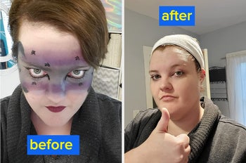 reviewer before and after with face full of makeup, and fully cleansed