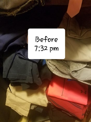 reviewer's messily folded clothes before, at 7:32 pm