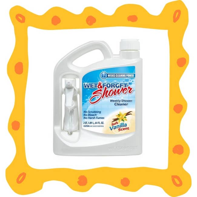 Shower cleaner with soft vanilla scent, promises no scrubbing or harsh fumes. Offers 12 weeks of cleaning power