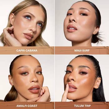 Four women with divers  constitution  looks; labels work   Capri Cabana, Maui Surf, Amalfi Coast, Tulum Trip. Each has glossy lips and brushed  eyeshadow