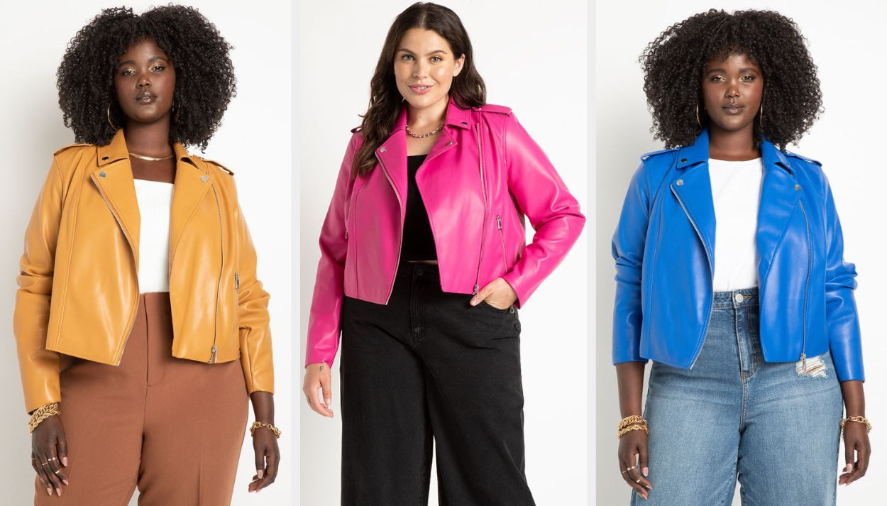 Three images of models wearing yellow, pink, and blue jackets