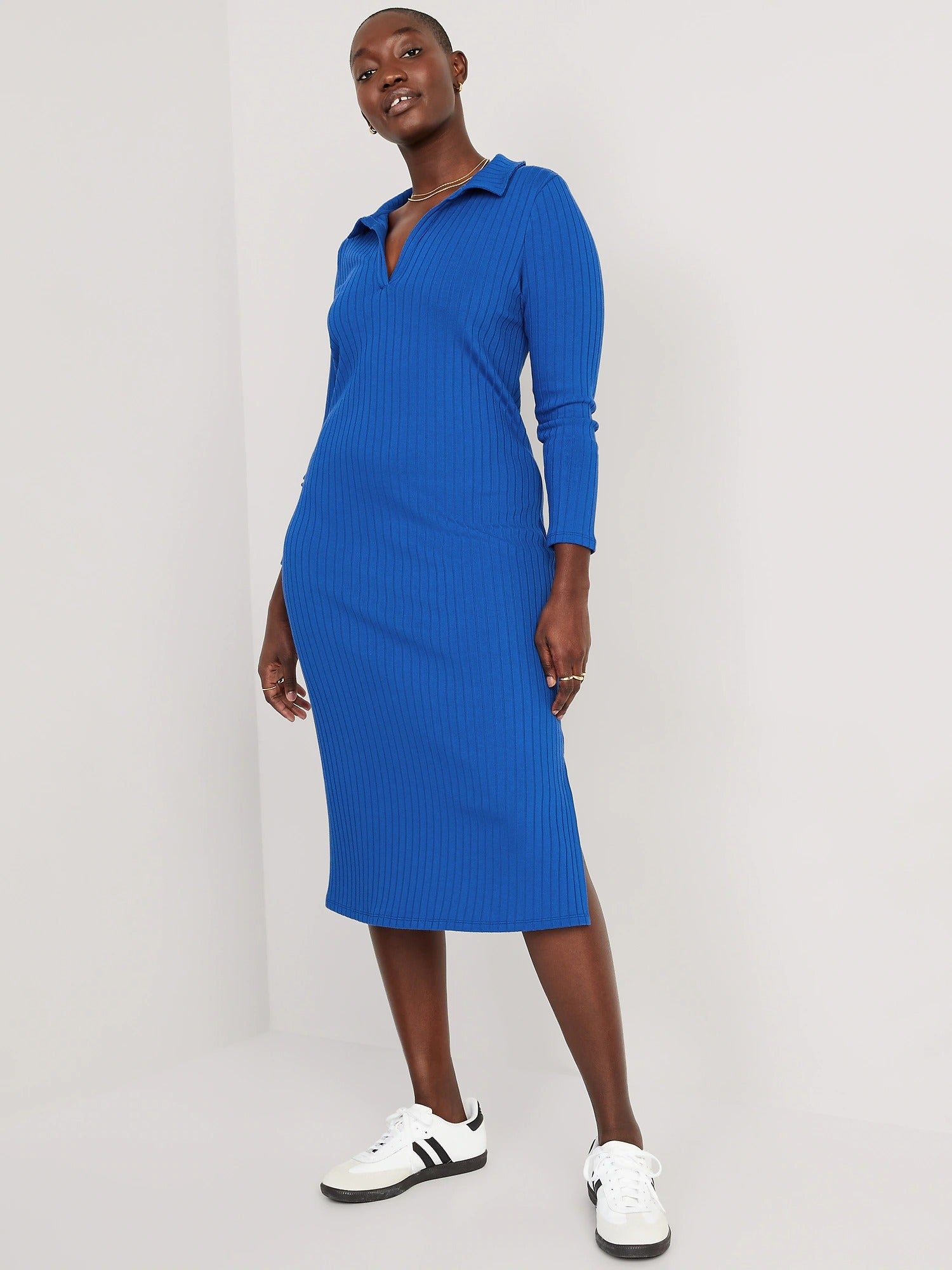 model wearing the midi polo dress in blue