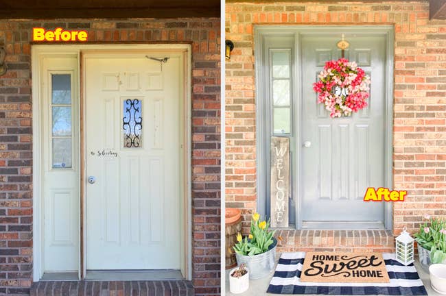 a reviewer's front door before using the paint / the same door after using the paint in Gloss Smoke Gray