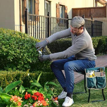 same model using it as a seat while gardening