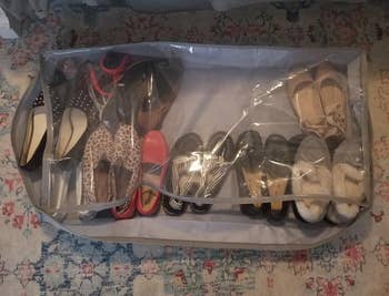 Under-bed footwear  organizer with assorted footwear including flats, loafers, and slip-ons, stored successful  abstracted  compartments nether  a wide   cover