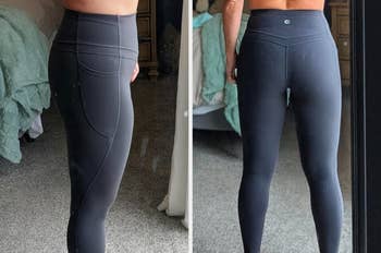 Two images showing a person modeling high-waisted athletic leggings from the side and back, highlighting fit and design details