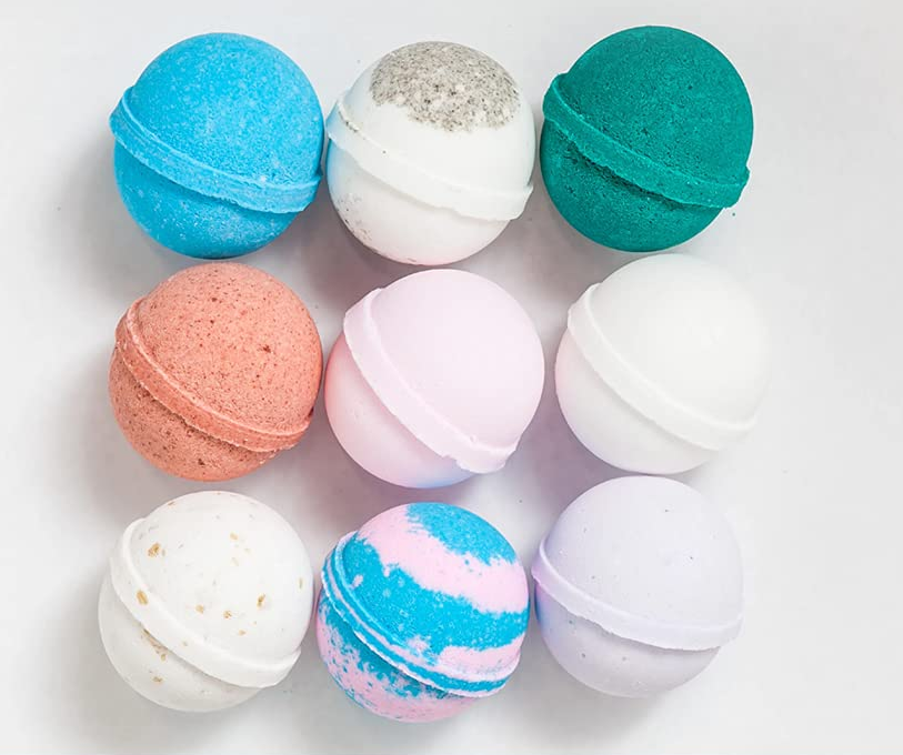 12 different colored bath bombs