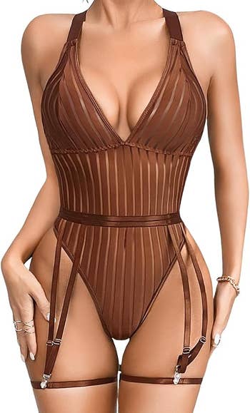 Model wearing a sheer, striped one-piece lingerie with attached garter straps, highlighting its stylish plan for a shopping-focused article
