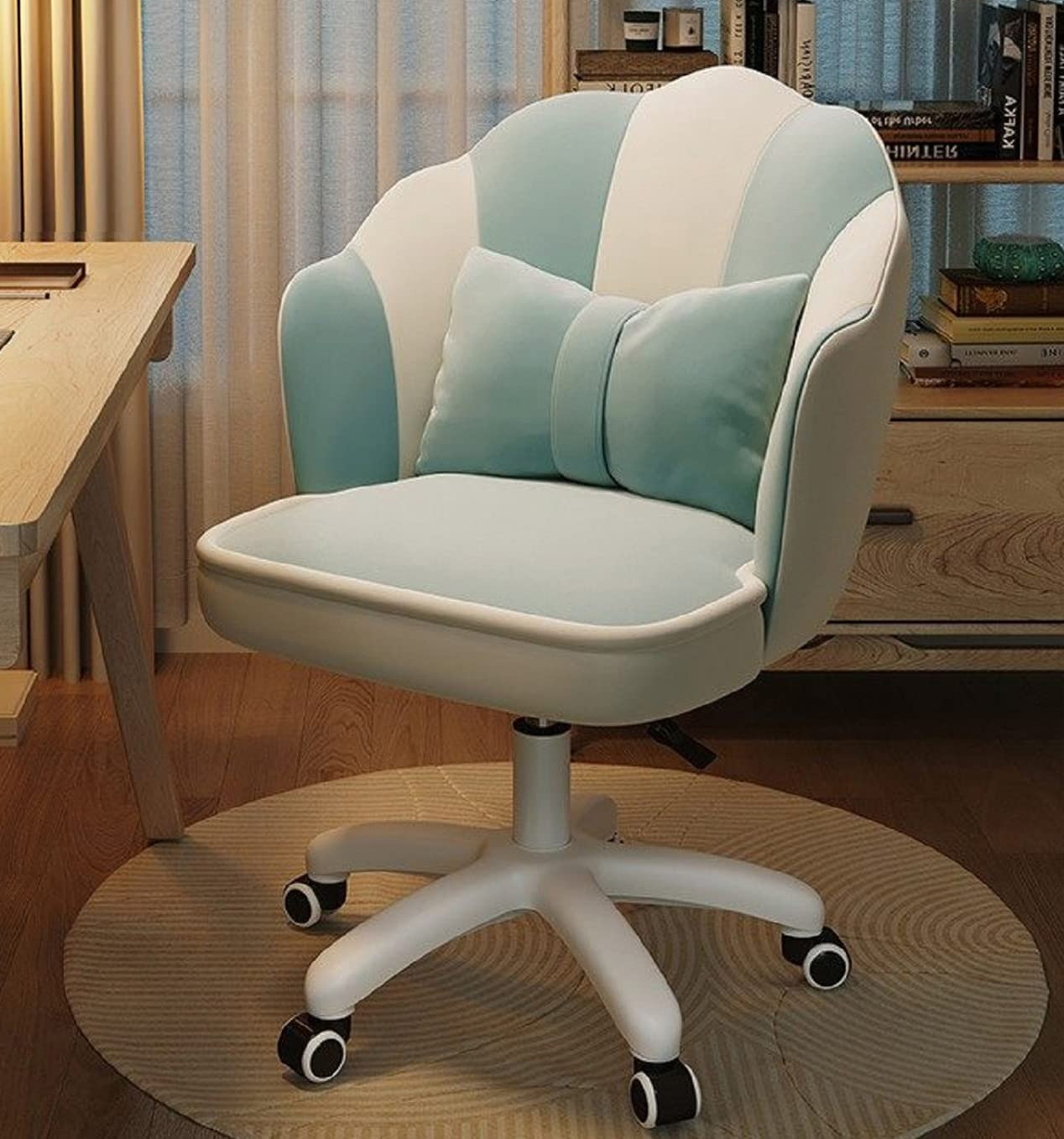 the scalloped-back desk chair in blue and cream 