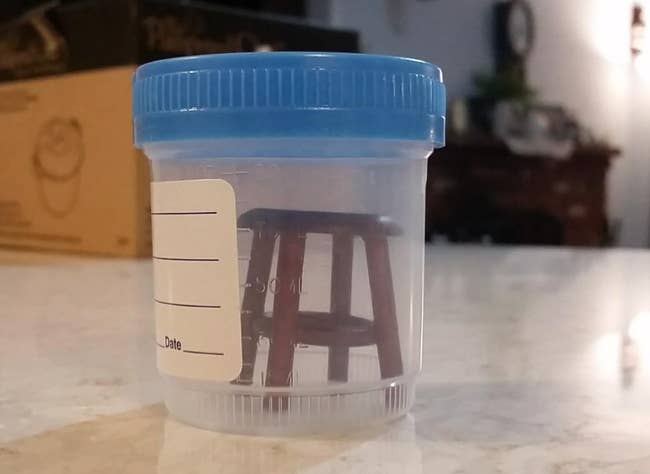 reviewer's sample container with a mini stool inside