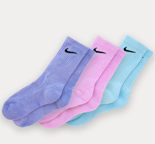 the three pack of socks in purple, pink, and blue