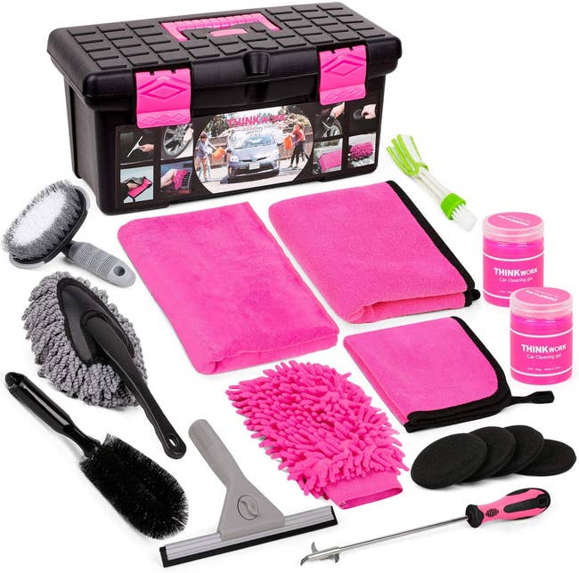 Image of everything in the pink cleaning kit