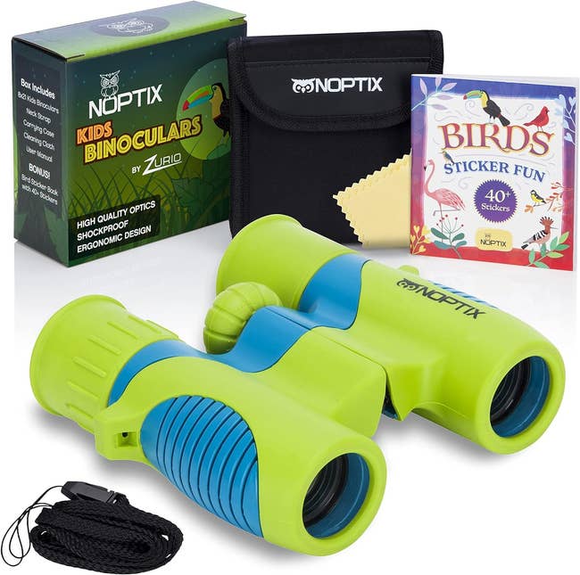 Children's binoculars with packaging and bird stickers; ergonomic design for kids