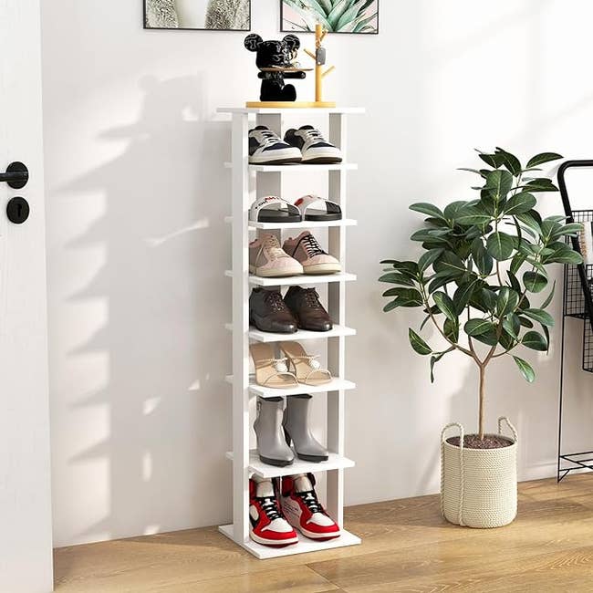 a slim tower shoe rack in white 