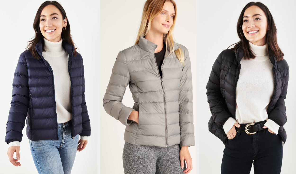 Three images of models wearing navy, gray, and black jackets