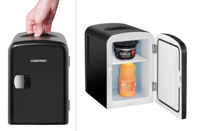 Model holding black mini fridge by top handle, interior view of product with yogurt and beverage on shelves