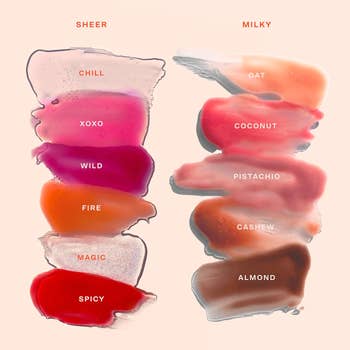 swatches of the 11 different lipgloss shades, which come in both sheer and milky sheens
