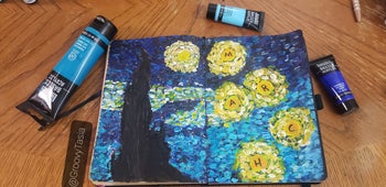 Writer's photo of the Starry Night painting in her bullet journal using acrylic paint