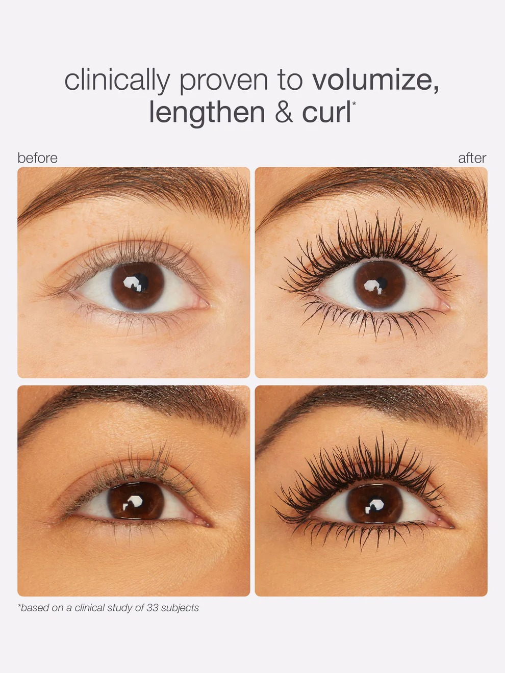Before and aft  images of 2  antithetic  people's eyes, showcasing the effects of Tarte Lights, Camera, Lashes mascara