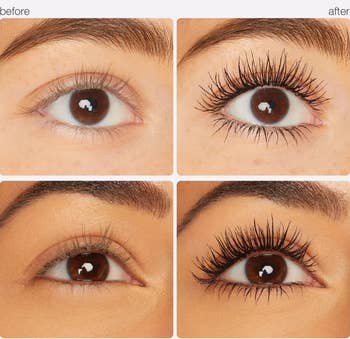Before and aft images of 2 antithetic people's eyes, showcasing the effects of Tarte Lights, Camera, Lashes mascara
