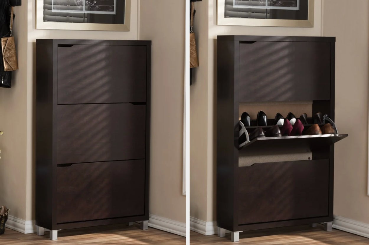 collage of closed and open espresso brown tall shoe cabinet
